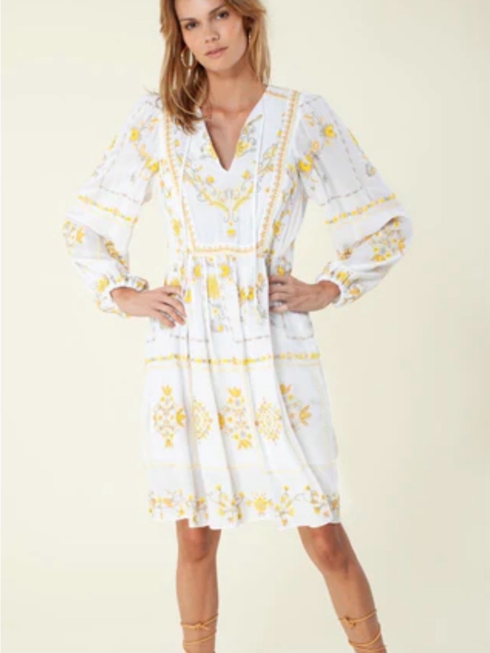Hale Bob White and Yellow Embroidered Long-Sleeve Dress Size Small